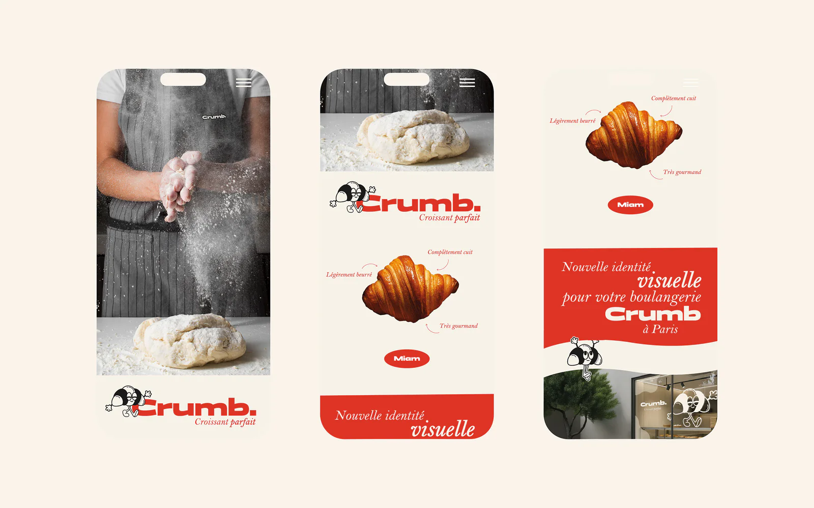 Trois écrans du site web mobile de Crumb. : accueil, croissant annoté, bannière « Nouvelle identité visuelle »