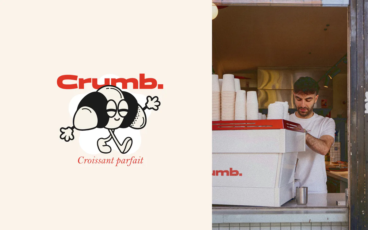 Logo Crumb. et barista derrière une machine à café aux couleurs de la marque