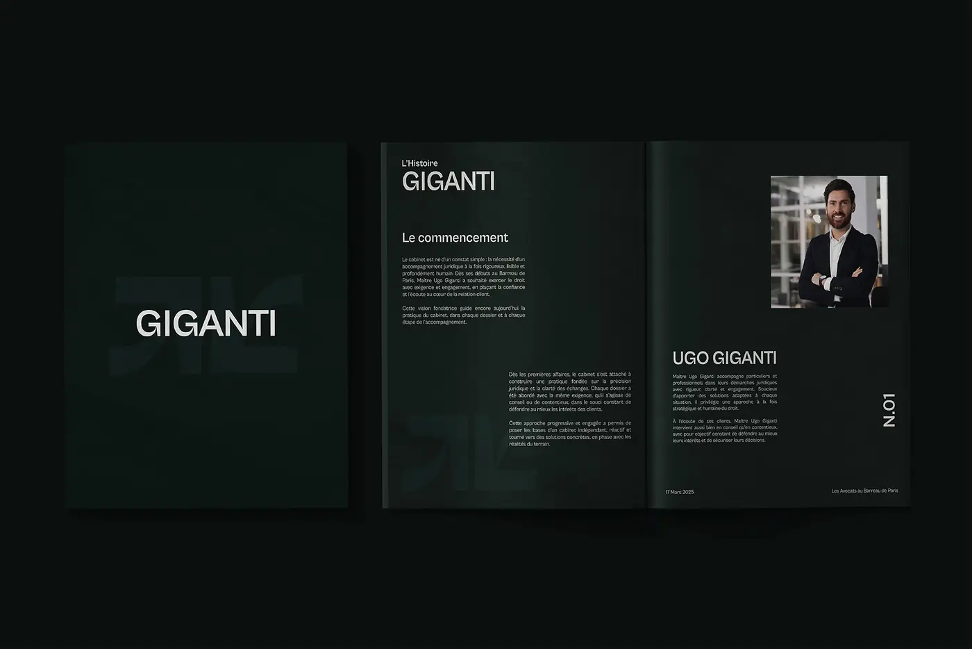Brochure du cabinet Giganti : couverture et double page « L'Histoire »