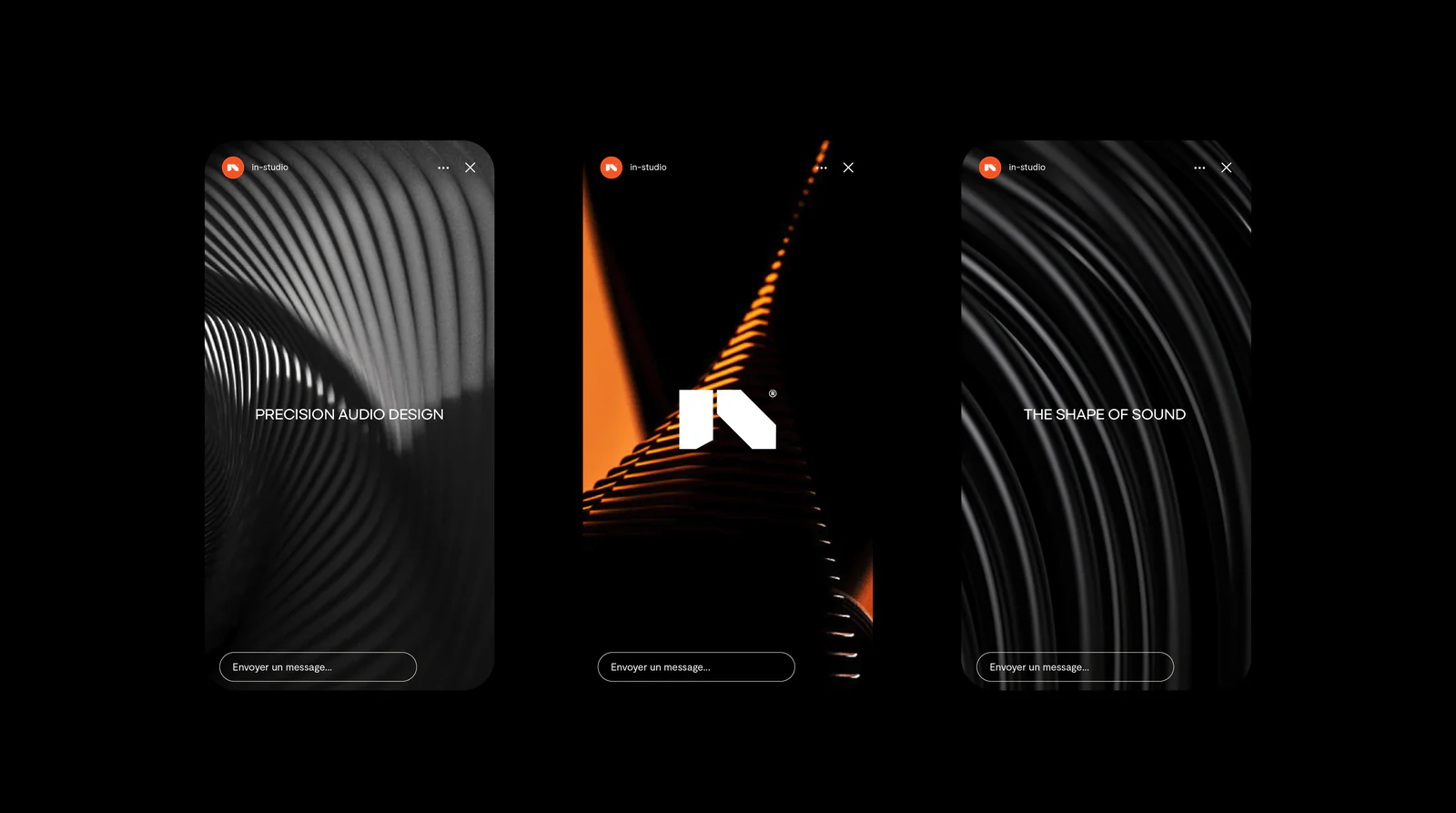 Trois stories Instagram In-Studio : « Precision audio design », monogramme et « The shape of sound »