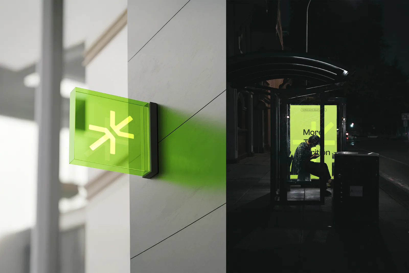 Enseigne lumineuse verte au symbole Nora Performance et abribus éclairé la nuit