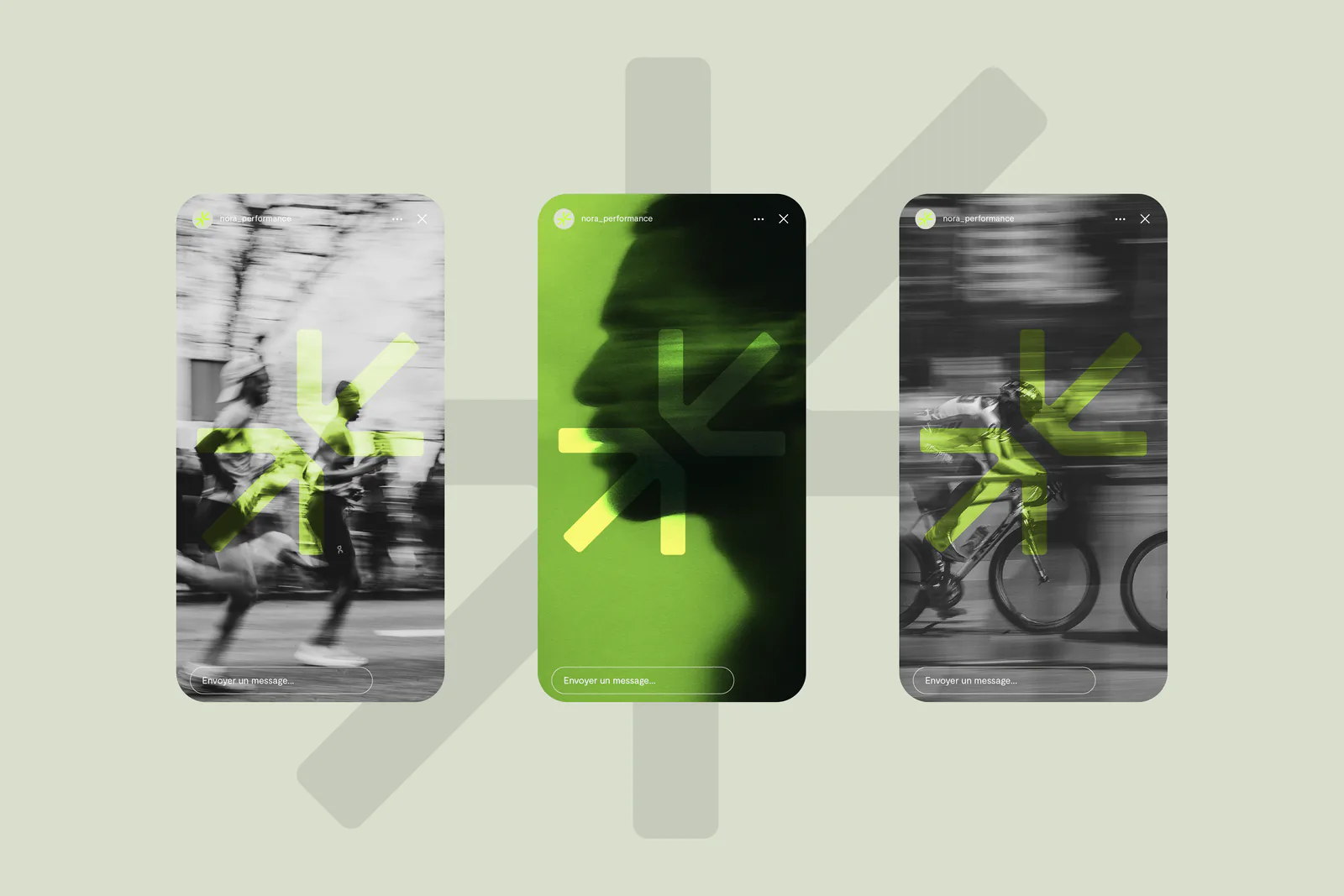 Trois stories Instagram Nora Performance : coureurs, profil sur fond vert et cycliste