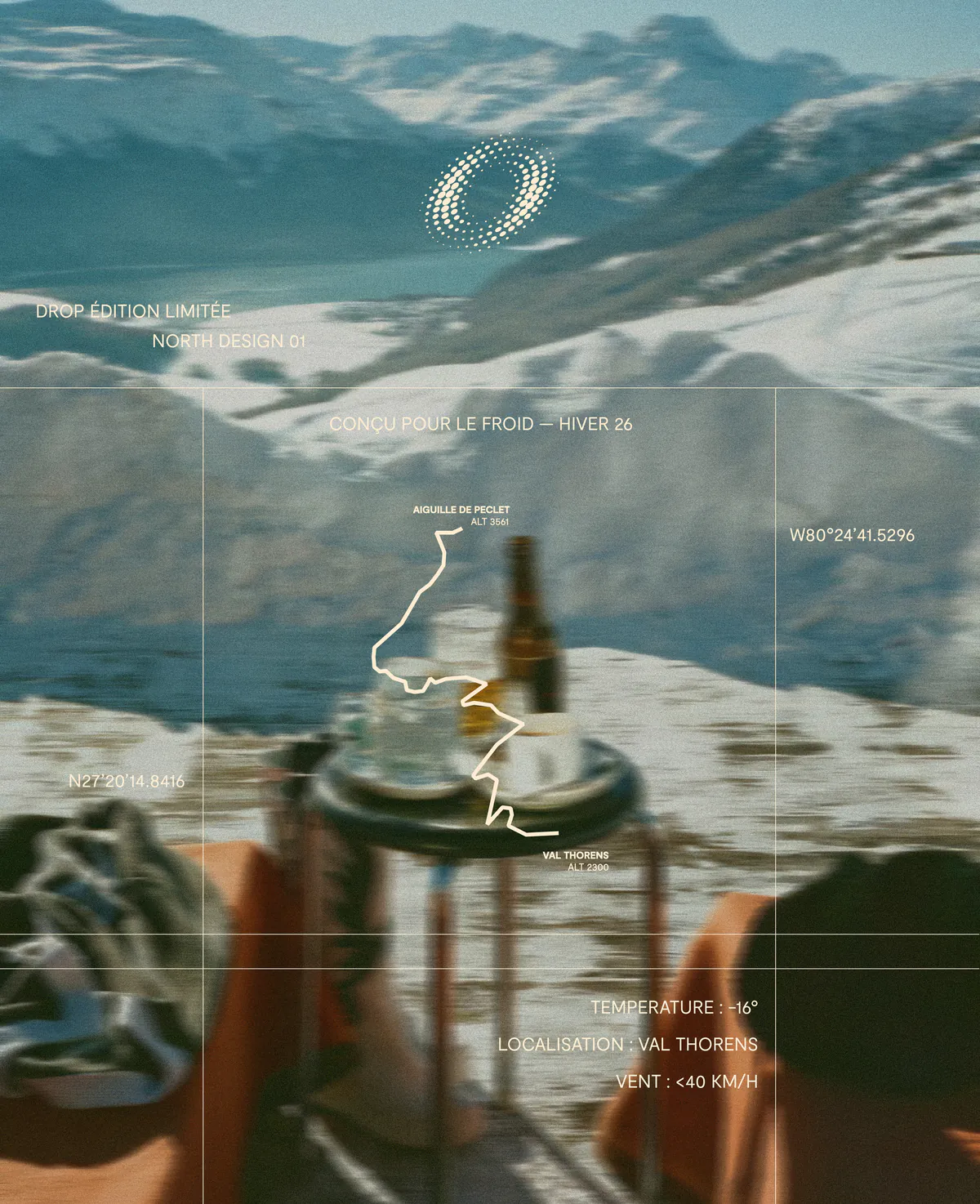 Affiche NORTH® à Val Thorens avec tracé de la montagne et coordonnées