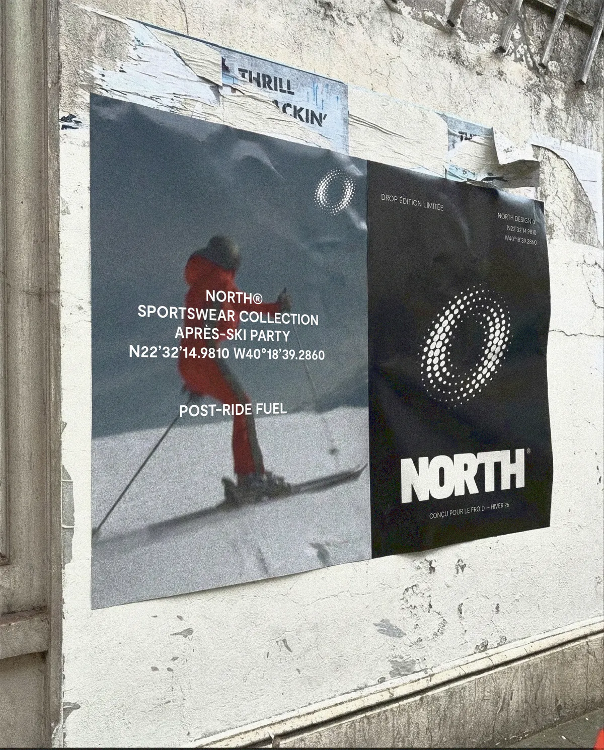 Affiches NORTH® collées sur un mur, collection sportswear après-ski