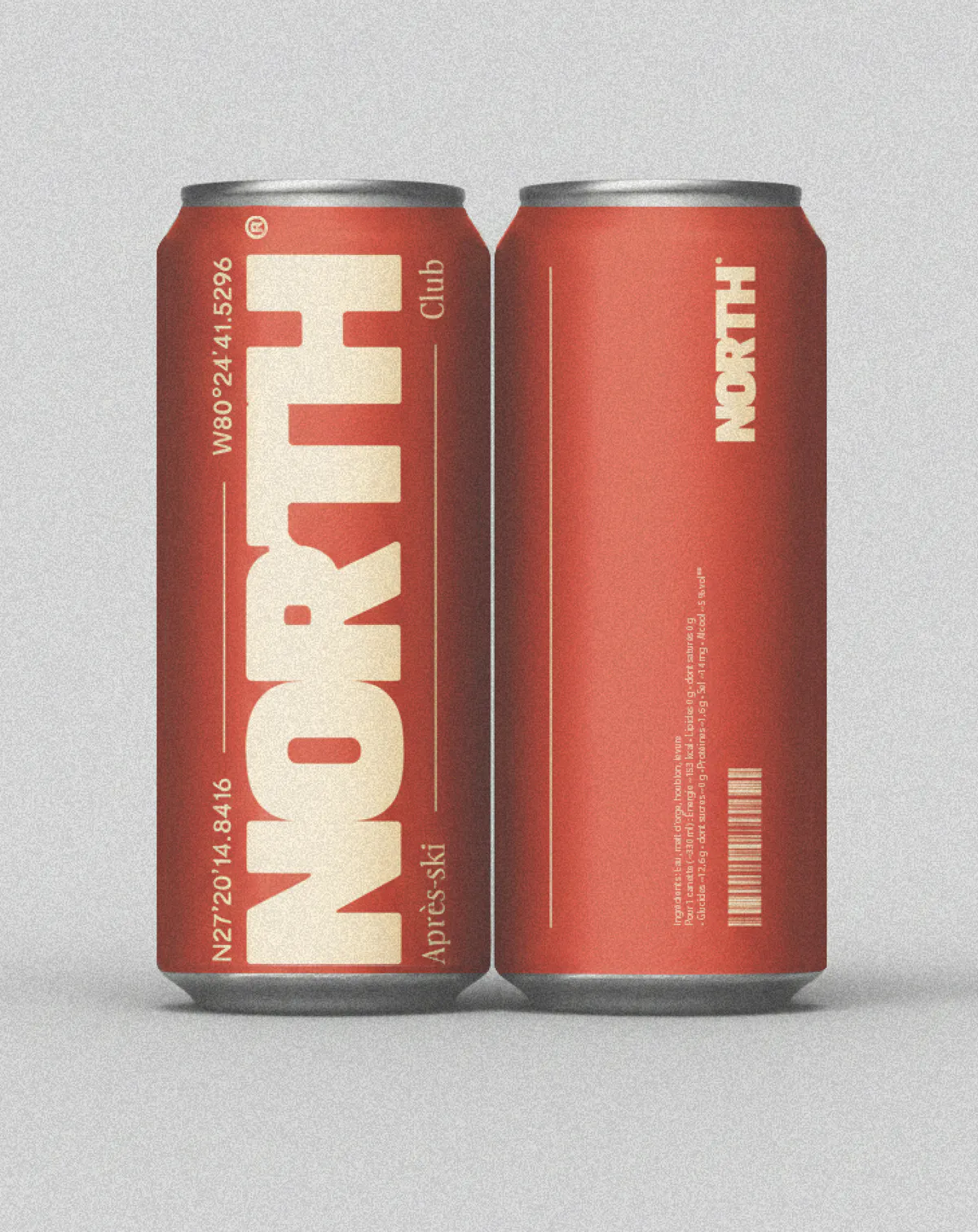 Canettes NORTH® Club rouges, face et dos, packaging après-ski