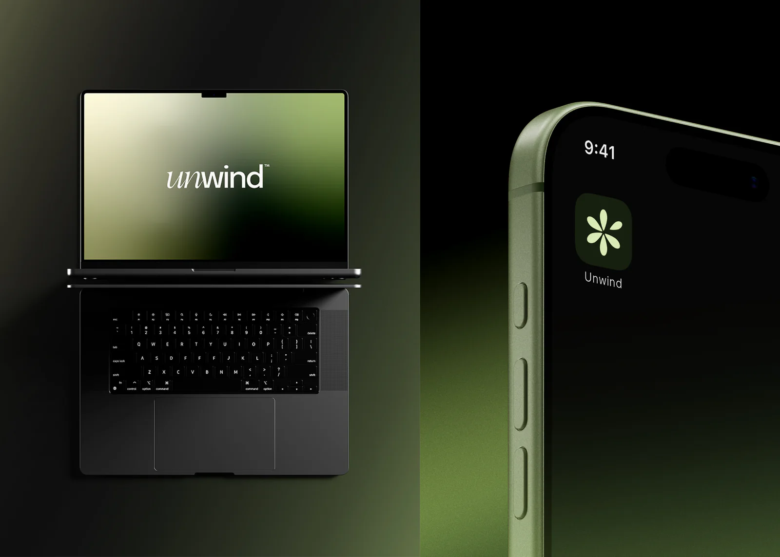 Logo Unwind sur un ordinateur portable et icône de l'application sur un téléphone