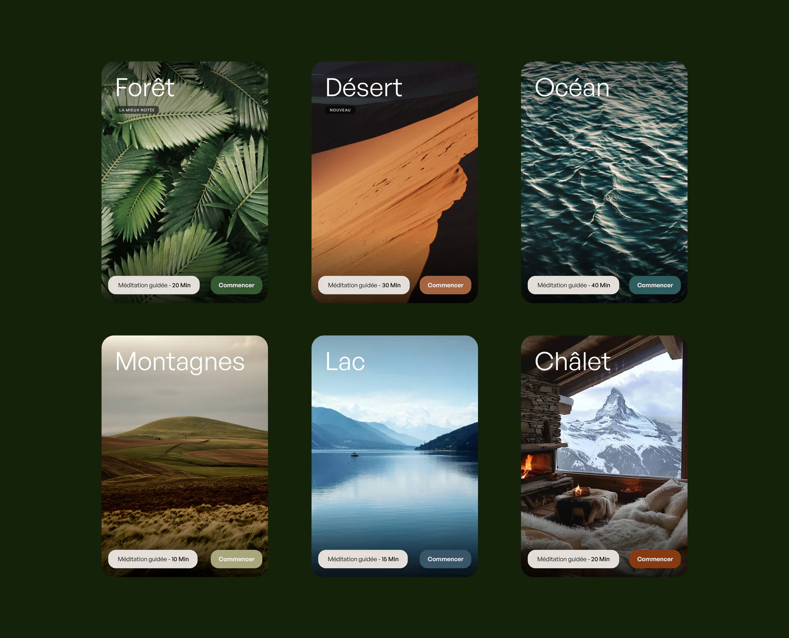 Six cartes de méditation guidée Unwind : Forêt, Désert, Océan, Montagnes, Lac et Châlet