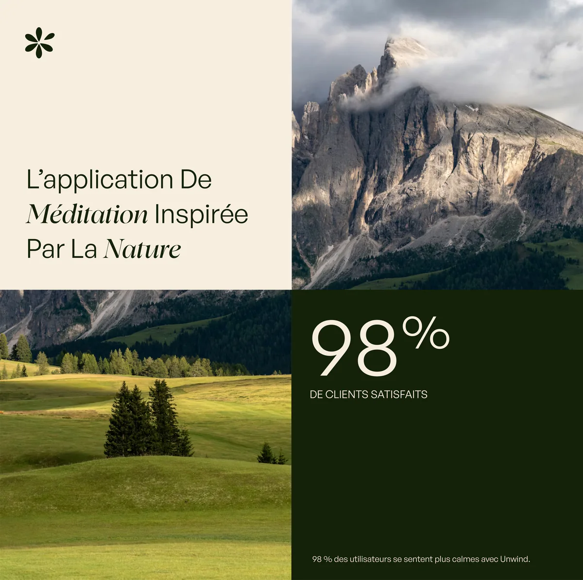 Composition Unwind : accroche, paysages de montagne et 98 % de clients satisfaits