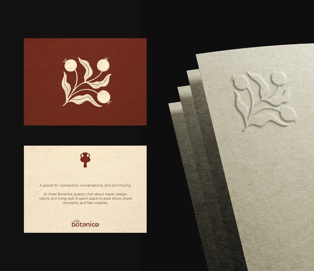 Cartes Villa Botanica recto verso et papier embossé de l'emblème