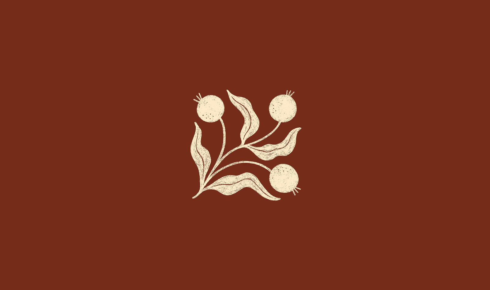 Emblème Villa Botanica : branche illustrée avec trois fruits, crème sur terracotta