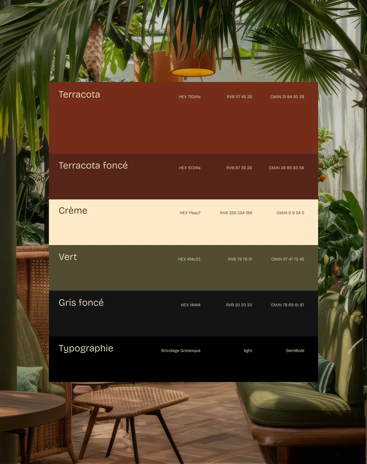 Palette Villa Botanica : terracotta, terracotta foncé, crème, vert, gris foncé et typographie Bricolage Grotesque
