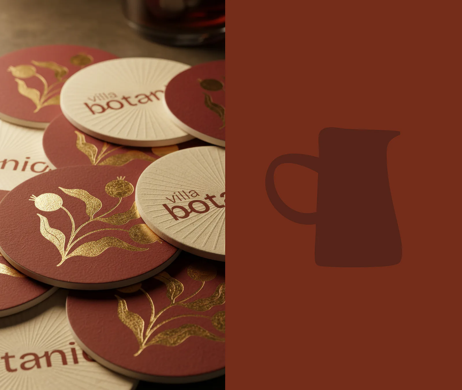Sous-verres Villa Botanica avec emblème doré à chaud, et pictogramme de pichet
